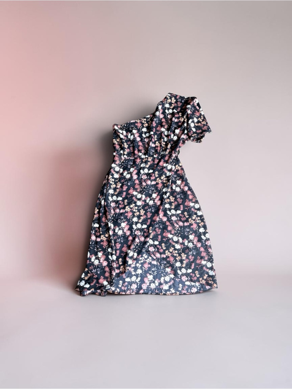 Gilli One-Shoulder Floral Midi Dress in Black with Pink & Cream
